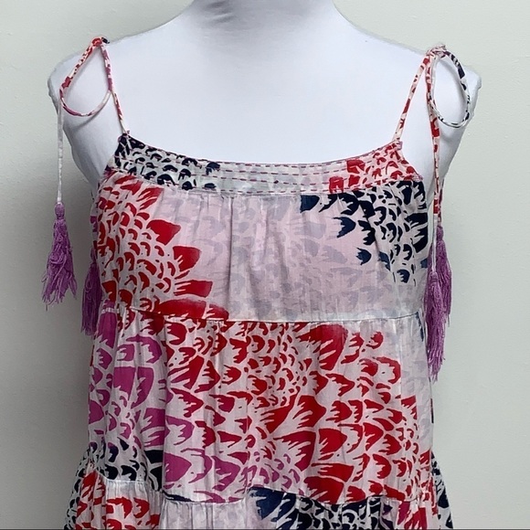 Billabong | Sz S |White/Red/Purple/Blue Lined Flowy Tassels Tiered Boho Sundress - Picture 4 of 14